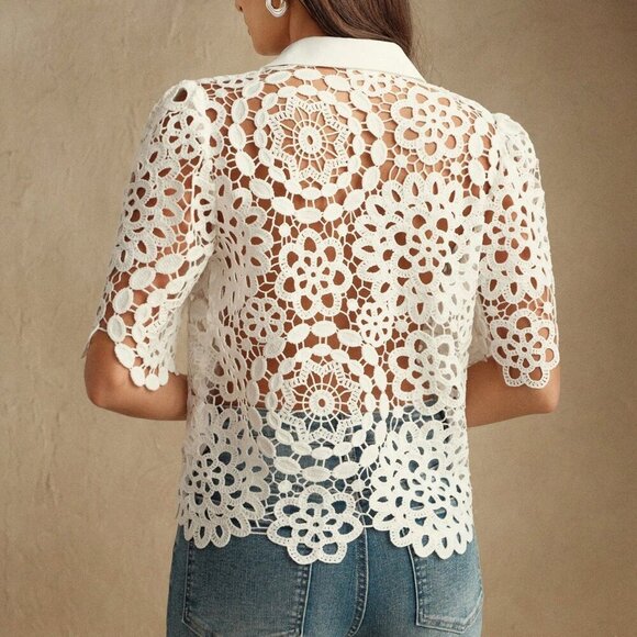 white chic womens Elegant Floral Hollow-Out Lace Blouse - Picture 2 of 8